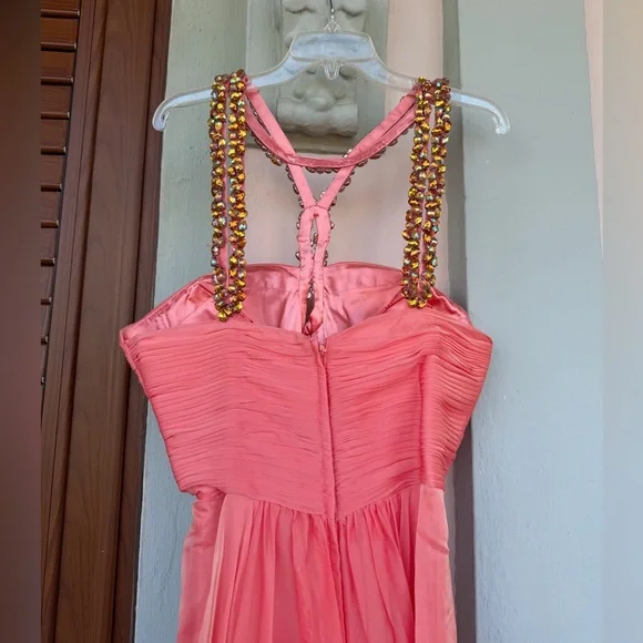 Vintage Salmon Pink Prom Coral Chiffon Dress Beaded Statement Sweetheart 2014 - Picture 6 of 8
